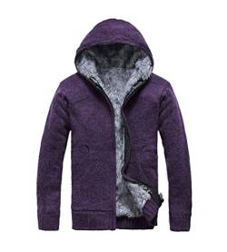 ORANDESIGNE Strickjacke mit Dickem Fleecefutter für Herren Grobstrick Einfarbig Reißverschluss Mantel mit Kapuze B Violett M von ORANDESIGNE