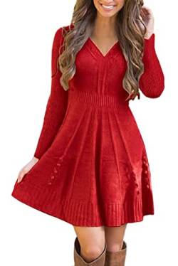 ORANDESIGNE Strickkleider Damen Pulloverkleid Elegante Pullover V-Ausschnitt Winterkleid Casual Langarm Minikleid Strickkleider Tunika Kleid Sweater Kleid B Hellrot 46 von ORANDESIGNE