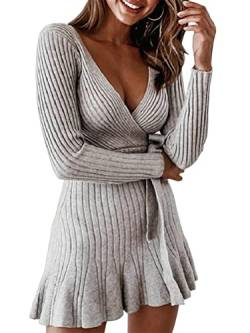 ORANDESIGNE Strickkleider Damen Pulloverkleid Elegante Pullover V-Ausschnitt Winterkleid Casual Langarm Minikleid Strickkleider Tunika Kleid Sweater Kleid D Grau 44 von ORANDESIGNE