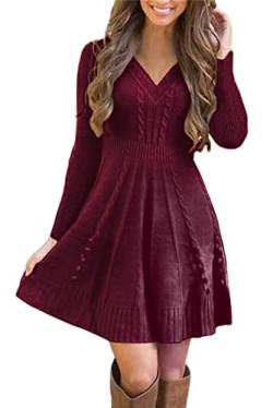 ORANDESIGNE Strickkleider Damen Rot Pulloverkleid Elegante Pullover V-Ausschnitt Winterkleid Casual Langarm Minikleid Strickkleider Tunika Kleid Sweater Kleid B Rot 38 von ORANDESIGNE