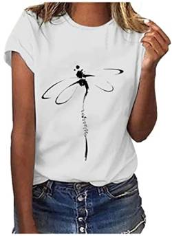 ORANDESIGNE T-Shirt Damen Sommer Oberteile Lässig Libelle Druck Kurzarm O-Ausschnitt Locker T-Shirt Bluse Top Einfarbig Basic Tees Tops Elegant Locker Mädchen Alltag Oberteile E Weiß M von ORANDESIGNE