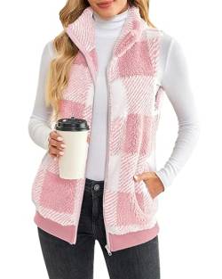 ORANDESIGNE Weste Damen Kurz Elegant Warm Gefüttert Kuschelig Flauschig Kariert Fleeceweste Ärmellos Teddy Plüsch Fellweste Kunstfell Mode Herbst Winter Westen Casual Karo Pelzweste Rosa M von ORANDESIGNE