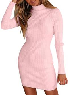 ORANDESIGNE Winterkleid Damen Langarm Festlich Kleid Winter Wickelkleid Elegant Kurz Bodycon Minikleid Rollkragen Basic Eng Kleid Elastisch Pulloverkleid Strickkleid Sweater Dress Rosa M von ORANDESIGNE