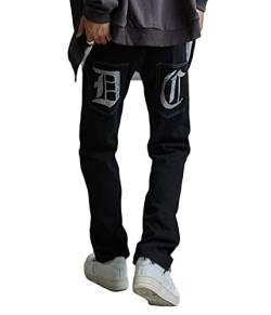 ORANDESIGNE Y2K Jeans für Herren Mode Männer Schwarz Koreanische Streetwear Buchstaben Druck Niedriger Anstieg Baggy Jeans-Hose Gerade Hip Hop Denim Hosen Weites Bein Cargo Jeans D Schwarz M von ORANDESIGNE