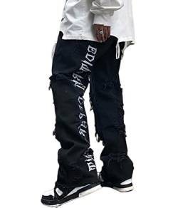 ORANDESIGNE Y2K Jeans für Herren Mode Männer Schwarz Koreanische Streetwear Buchstaben Druck Niedriger Anstieg Baggy Jeans-Hose Gerade Hip Hop Denim Hosen Weites Bein Cargo Jeans J Schwarz 3XL von ORANDESIGNE