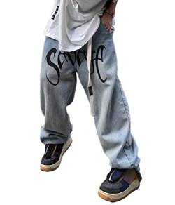 ORANDESIGNE Y2K Jeans für Herren Mode Männer Schwarz Koreanische Streetwear Buchstaben Druck Niedriger Anstieg Baggy Jeans-Hose Gerade Hip Hop Denim Hosen Weites Bein Cargo Jeans L Blau M von ORANDESIGNE