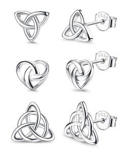 ORAZIO 3 Paar Ohrringe Silber 925 | Simple Fashion Hypoallergene Ohrringe Damen| Keltisches Dreiheitsknoten Herz Modeschmuck Ohrringe Set Mädchen a von ORAZIO