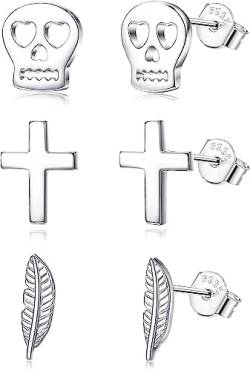 ORAZIO 3 Paare Niedliche Sterling Silber Ohrstecker Für Frauen Männer Hypoallergene 14K Vergoldet Schmetterling Stern Krone Kreuz Blatt Schädelkopf Ohrstecker Schmuck Set 2 von ORAZIO