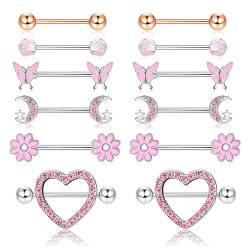 ORAZIO 6 Paar 14G Nippelringe für Frauen 316L Edelstahl Herz Schmetterling Mond CZ Blume Langhantel Nippelringe Set Niedlicher Nippelring Piercingschmuck von ORAZIO