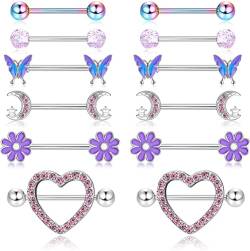 ORAZIO 6 Paar 14G Nippelringe für Frauen 316L Edelstahl Herz Schmetterling Mond CZ Blume Langhantel Nippelringe Set Niedlicher Nippelring Piercingschmuck von ORAZIO