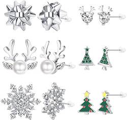 ORAZIO 6 Paare Weihnachten Ohrstecker für Frauen Edelstahl Ohrstecker Ohrringe für Mädchen Niedlich Schneeflocke Weihnachtsbaum Geweih Perlen Ohrringe Set Weihnachten Schmuck Geschenk von ORAZIO