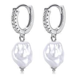 ORAZIO Ohrringe Silber 925 Süßwasser Perle Huggie Kleine Creolen Ohrringe Hypoallergene Tropfen Ohrringe mit AAAA+ Kubikzirkonia für Damen von ORAZIO
