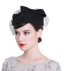 ORIDOOR British Style Pillbox Hut Frauen Kirche Derby Hochzeit Winter Vintage Fascinator Baskenmütze 100% Wolle Filz Hut mit Schleier, 01a Schwarz, Einheitsgröße von ORIDOOR