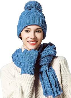 OROOTL Mütze, Schal & Handschuh Sets für Damen Winter, Touchscreen-Handschuhe Bommelmütze Handschuh Gestrickt Beanie Schnee Hut Warme Winterset 3 IN 1 für Mädchen, Frauen von OROOTL