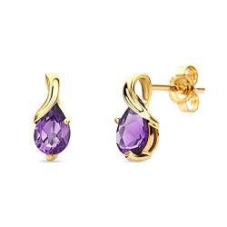 Orovi – Ohrringe Tropfenform aus 14 Karat Gelbgold (585) mit kreiertem Amethyst (0.74 ct) – Ohrstecker Gold Damen mit Edelstein in edler Krappenfassung – Allergenfrei & handgemacht (10 x 4.5 mm) von OROVI