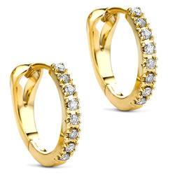 Orovi Schmuck Damen runde Brillant-Diamant-Creolen besetzt mit 16 natürlichen Diamanten im Brillantschliff 0.09CT Zeitlose klassische Ohrringe aus Gelbgold 14 Karat(585) Gold, Kreolen-Durchmesser 12mm von OROVI