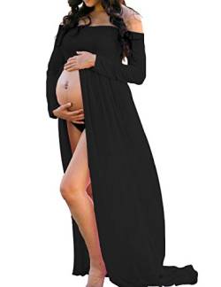 ORQ Damen Schulterfrei Langarm Mutterschaft Maxi Fotografie Kleid Split Front Chiffon Kleid für Fotoshooting - Schwarz - Klein von ORQ