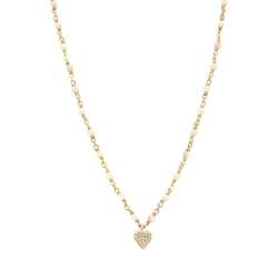 ORUS BIJOUX Halskette Silber vergoldet Herz diamantiert Natursteine Opal rosa – Größe: 38 cm und 5 cm, Sterling-Silber 925/1000, Naturstein von ORUS BIJOUX