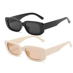 OSAGAMA Damen Rechteckige Sonnenbrille für Damen Herren Vintage Retro Rechteckige Mode Brille UV400 Schutz Schwarz+Beige von OSAGAMA