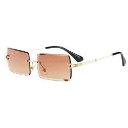 OSAGAMA Kleine Rechteckige Sonnenbrille Damen Herren Randlose Quadratische Brille Brillen UV400 (Gold/Farbverlauf Braun) von OSAGAMA