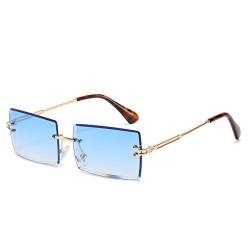 OSAGAMA Kleine Rechteckige Sonnenbrille Damen Herren Randlose Quadratische Brille Brillen UV400 Blau von OSAGAMA