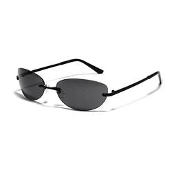 OSAGAMA Retro Ovale Sonnenbrille mit Randlose Linse Metall Rahmen Brille für Damen Herren Outdoor Aktivitäten Schwarz von OSAGAMA
