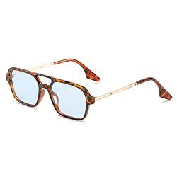 OSAGAMA Vintage Quadratische Sonnenbrille für Damen Herren 70er Jahre Kleine Brille Metallrahmen Leopard/Blau von OSAGAMA