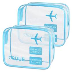 OSDUE 2 Stück Kulturbeutel Transparent, Flugzeug PVC Kosmetiktasche Wasserdicht, Handgepäck-Reisezubehör, Make-up Tasche für Männer, Frauen, Kinder, Familie (Blau) von OSDUE