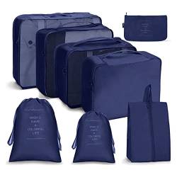 OSDUE Koffer Organizer Set 8-teilig, Packing Cubes, Wasserdichte Reise Kleidertaschen, Packtaschen für koffer, Verpackungswürfel mit Schuhbeutel, USB Kabel Tasche (Navy Blau) von OSDUE