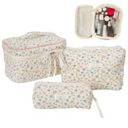 OSMARI Gesteppte Make-up-Tasche aus Kordsamt, Kokett-Make-up-Tasche, Reise-Kulturbeutel, große Kapazität, niedliches Blumenmuster, 3-teiliges Set, Blaues Pulver, 25.5x15x13.5cm, Mode von OSMARI