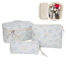 OSMARI Gesteppte Make-up-Tasche aus Kordsamt, Kokett-Make-up-Tasche, Reise-Kulturbeutel, große Kapazität, niedliches Blumenmuster, 3-teiliges Set, blau/rosa, 25.5x15x13.5cm, Mode von OSMARI