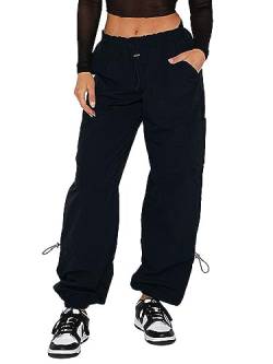 OSNCG Damen-Cargohose, gerades Bein, Fallschirmhose, einfarbig, lockere Passform, mittlere Taille, Sport, Schwarz , S von OSNCG