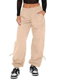OSNCG Damen-Cargohose, gerades Bein, Fallschirmhose, einfarbig, lockere Passform, mittlere Taille, Sport, khaki, S von OSNCG