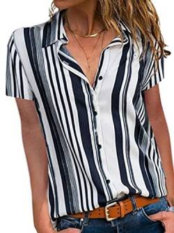 OSNCG Damen Shirts Bluse Einreihig Business Tunika Shirt Gestreift Revers Ausschnitt Casual Elegant Tops, Blau-weißes Streifen., 42 von OSNCG