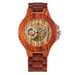 OSOLVE Lederarmband Luxus Rot Holz Mechanische Uhr Herren Automatik Selbstaufzug Holz Armreif Herrenuhr Römische Ziffern Display Uhr Geschenk Männlich von OSOLVE