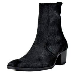 OSSTONE Chelsea Leder Stiefel für Männer High Heels Herren Kleid Schuhe Reißverschluss Stiefel Cowboy Pony Hair OS-JY021-DE Schwarz 8 von OSSTONE