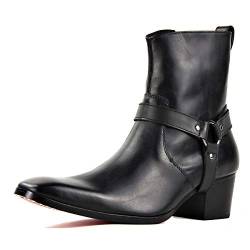 OSSTONE Chelsea Stiefel für Männer Leder High Heels Herren Kleid Western Schuhe Reißverschluss Stiefel OZ-JY002-Black-Belt-11.5 von OSSTONE