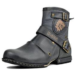 OSSTONE Herren Leder chukkastiefel Worker Biker Boots-Motorrad-Leder-Schuhe für reißverschluss Schnürstiefeletten Boots 5008-1-NH Grau 12 von OSSTONE