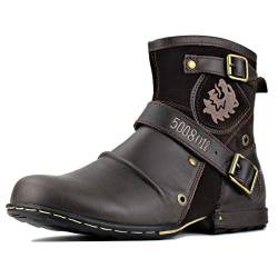 OSSTONE Herren Leder chukkastiefel Worker Biker Boots-Motorrad-Leder-Schuhe für reißverschluss Schnürstiefeletten Boots OS-5008-1-DarkBrown-9 von OSSTONE