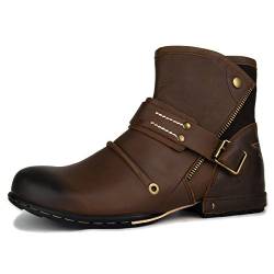 OSSTONE Herren Stiefel aus Rindsleder, Lederstiefel mit Gummisohle Biker Motorrad Boots mit Reißverschluss, 6.5" Männer Stiefeletten mit 0.98" Absatz OZ-5008-1-N-Brown-8 von OSSTONE