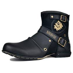 OSSTONE Herren Stiefel aus Rindsleder, Lederstiefel mit Gummisohle Biker Motorrad Boots mit Reißverschluss, 6.5" Männer Stiefeletten mit 0.98" Absatz OZ-5008-1-N-S-Black-10.5 von OSSTONE