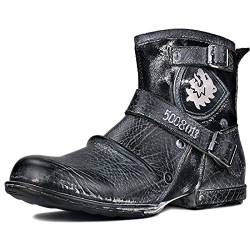 OSSTONE Herren Stiefel aus Rindsleder Lederstiefel mit Gummisohle Biker Boots mit Reißverschluss Männer Stiefeletten OS-5008-1-AI-10.5 von OSSTONE