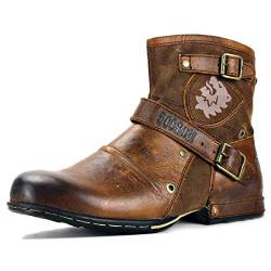 OSSTONE Herren Stiefel aus Rindsleder Lederstiefel mit Gummisohle Biker Boots mit Reißverschluss Männer Stiefeletten OS-5008-1-E-Brown-12 von OSSTONE