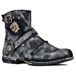 OSSTONE Herren Stiefel aus Rindsleder Lederstiefel mit Gummisohle Biker Boots mit Reißverschluss Männer Stiefeletten OS-5008-1-F1-10 von OSSTONE