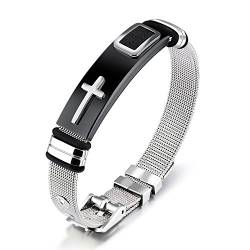 OSTAN Herren Edelstahl Armband Einstellbar Mesh Armreif Mit Kreuz Schmuck für Männer Silber von OSTAN