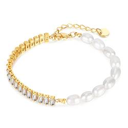 OSTAN Perlen Armband Zirkonia Armbänder Edelstahl 18 Karat vergoldet für Damen Mädchen von OSTAN