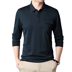OTL.RF Mercerisierte Baumwolle Blended Polo Shirt Männer Langarm Einfarbig Top Tees mit Knopf Taschen Polos, Marineblau, Mittel von OTL.RF