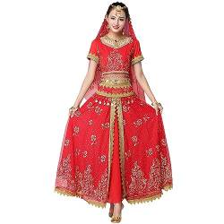 Bollywood Kleid Erwachsene Kostüm Frauen Indischer Tanz Set Bauchtanz Sari Kleidung Tanz Performance Kleidung Chiffon Rock Set,Rot,L von OTMYIGO