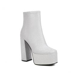 OTMYIGO Damen-Plateau-Chelsea-Stiefel mit Pailletten, Stiefeletten, Reißverschluss, Blockabsatz, High-Heel-Booties, Winterstiefel für Damen,Silber,37 von OTMYIGO