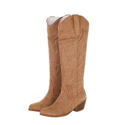 OTMYIGO Damen-Western-Cowgirl-Cowboystiefel, klobige Block-Stiefel mit spitzem Zehenbereich, mittelhohe Stiefel für Damen, kniehoch, breite Waden, Pelzfutter, Winter-Slip-on-Reiterstiefel,Beige,42 von OTMYIGO